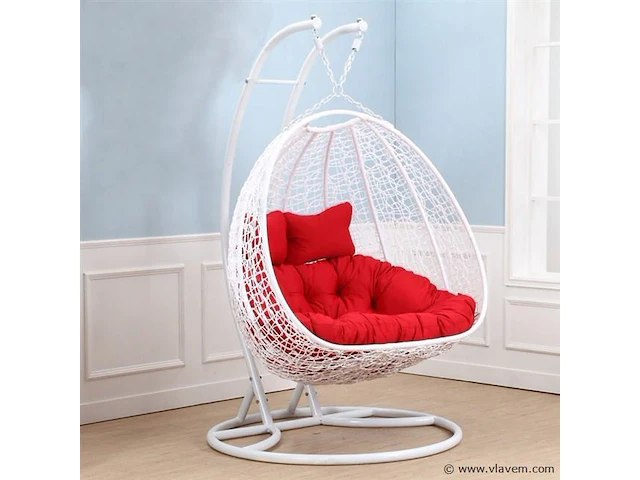 Hangstoel dubbel: 2 persoons 130 cm breed -hoogte 200 cm - wit frame / rode kussens - afbeelding 1 van  3
