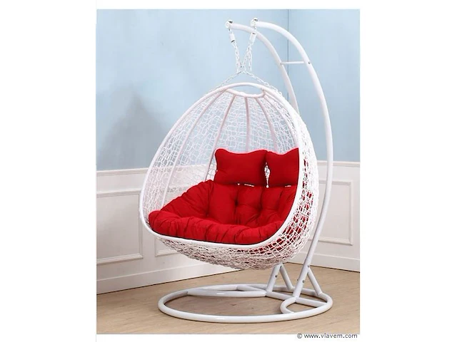 Hangstoel dubbel: 2 persoons 130 cm breed -hoogte 200 cm - wit frame / rode kussens - afbeelding 3 van  3