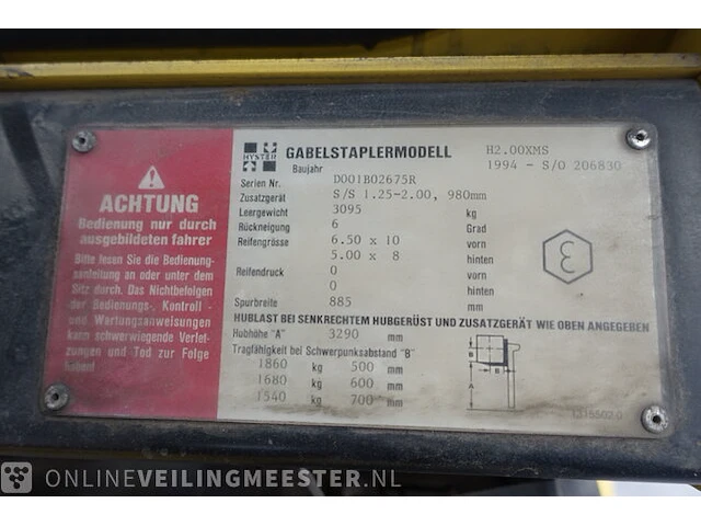 Heftruck hyster, h2.00xms, geel, bouwjaar 1994 - afbeelding 6 van  19