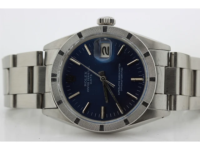Heren polshorloge rolex, oyster perpetual date, blauwe wijzerplaat, bouwjaar 1970 - afbeelding 8 van  9