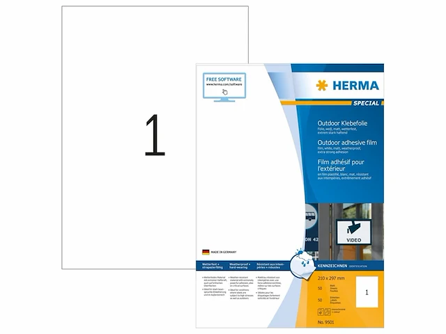 Herma 50 vellen weerbestendige plastic folie labels zelfklevend, bedrukbaar, mat, blanco pe-etiketten wit - afbeelding 1 van  4
