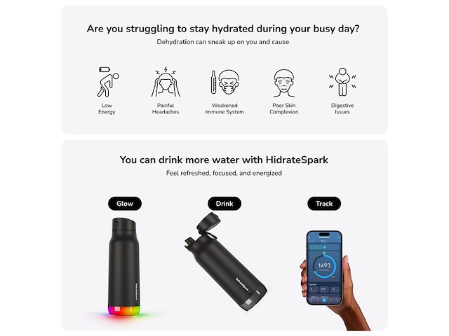 Hidrate spark chug slimme waterfles roestvrij staal 946ml led verlichting zwart - afbeelding 3 van  6