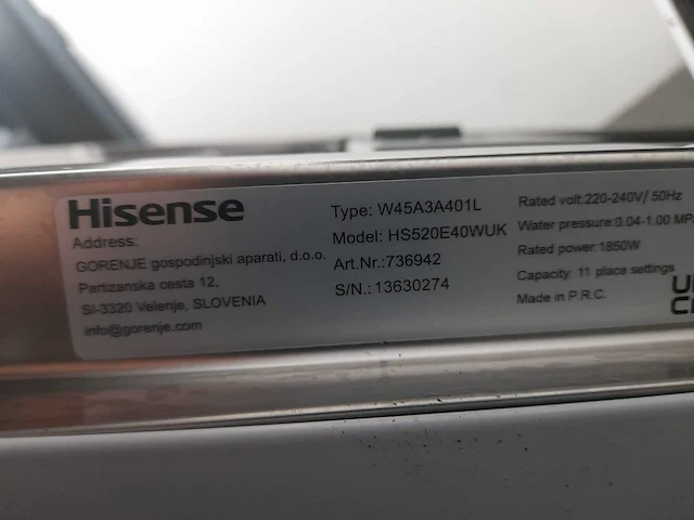 Hisense hs520e40wuk smalle vaatwasser 45cm - afbeelding 3 van  7