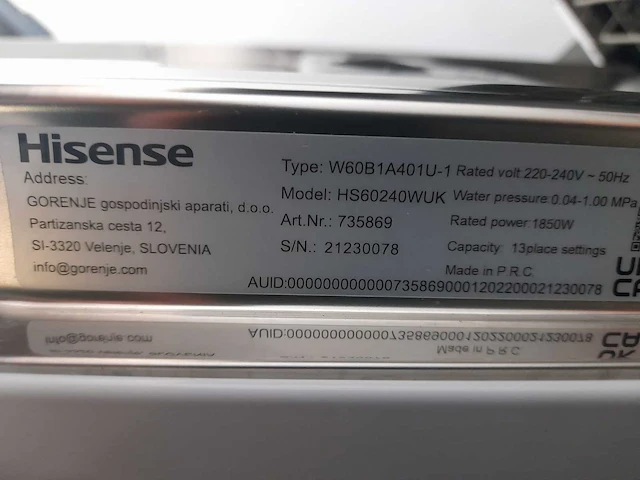 Hisense hs60240wuk standaard vaatwasser - wit - e-label - afbeelding 2 van  7