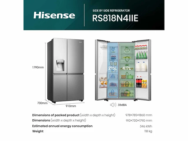 Hisense rs818n4iie amerikaanse koelkast vrijstaand 632 l e roestvrijstaal - afbeelding 7 van  24
