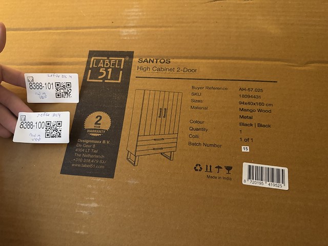 Hoge 2-deurs kast, zwart mangohout, zwart metalen onderstel - afbeelding 5 van  5