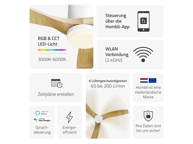 Hombli slimme plafondventilator met verlichting 132 cm incl. afstandsbediening wit & licht hout - afbeelding 5 van  5