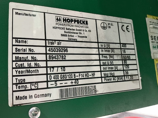 Hoppecke - 80v 120a - acculaders - 2017 - afbeelding 2 van  3