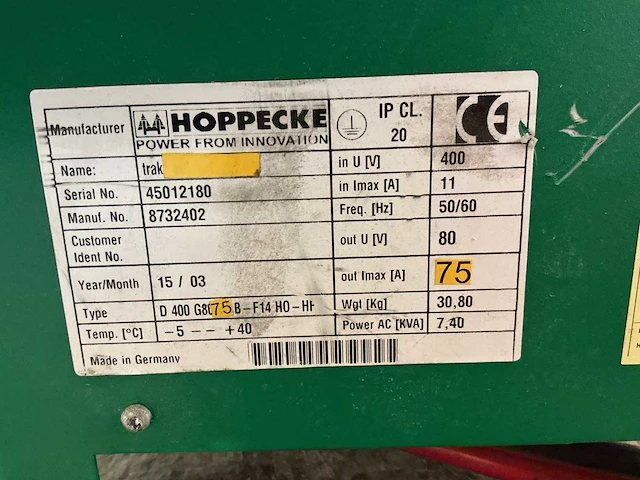 Hoppecke - 80v 75a - acculaders - 2015 - afbeelding 3 van  3