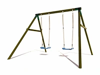 Houten dubbele schommel met 2 kunststof schommels - afbeelding 1 van  4