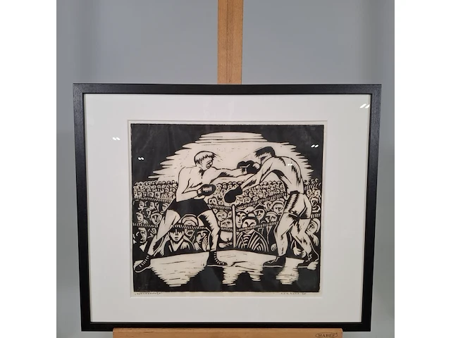 Houtsnede, h. van der horst, boks wedstrijd, 1965 - afbeelding 1 van  9