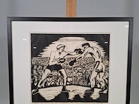 Houtsnede, h. van der horst, boks wedstrijd, 1965 - afbeelding 1 van  9