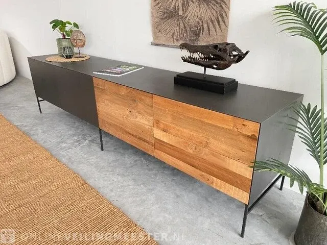 Industriële lange tv-meubel van teak en staal tower living, pandora, teak / antraciet - afbeelding 9 van  16