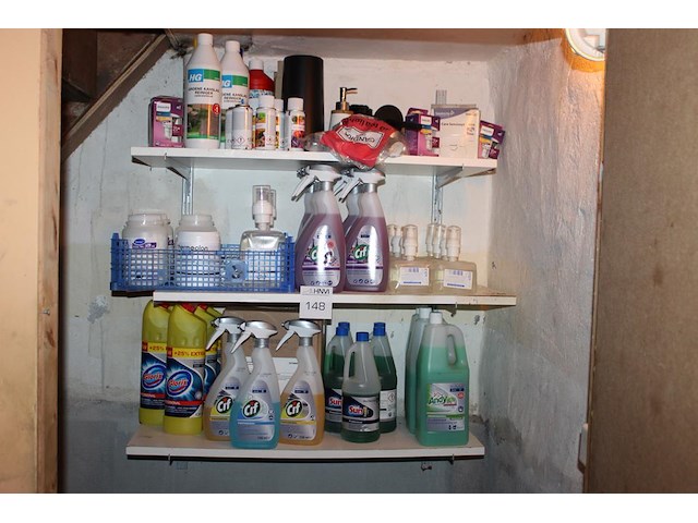 Inhoud poetskast waaronder schoonmaakmiddelen, luchtverfrissers en hygienezakjes. - afbeelding 1 van  2