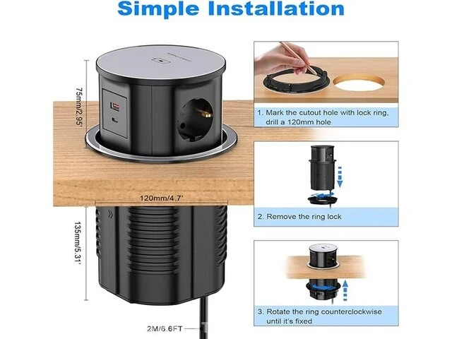 Intrekbare serie - 3-voudig stopcontact - usb c 15w ohuo - afbeelding 1 van  4