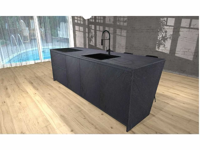 Italiaans design keuken - mix zwart steen structuur / legno houtstructuur bruin - afbeelding 21 van  25