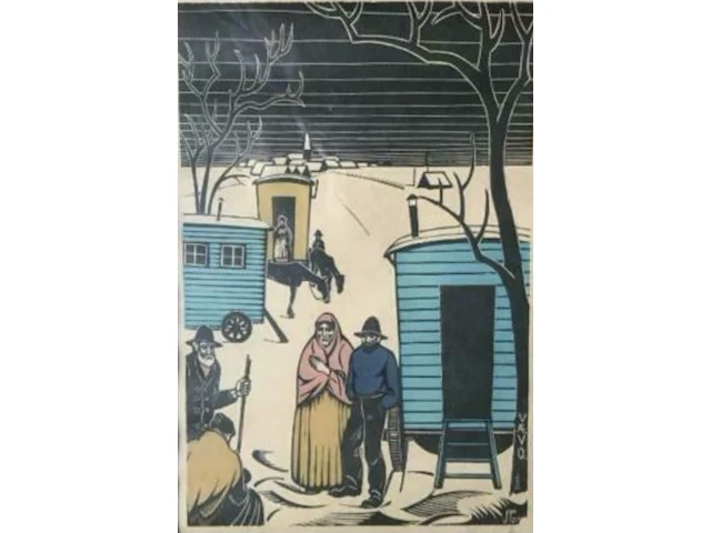 Jan franken pzn. (1896-1977) - woonwagens in de sneeuw , houtsnede - afbeelding 1 van  3