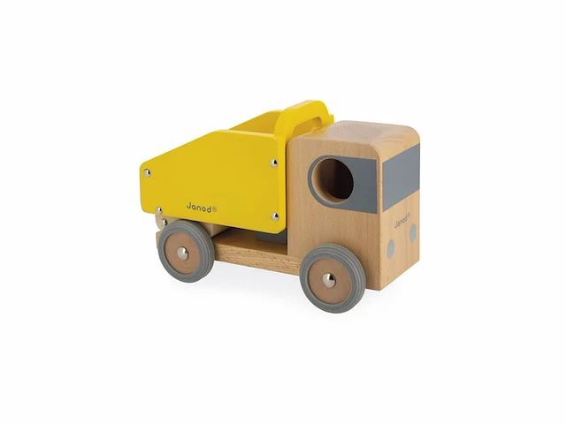 Janod bolid houten kiepwagen en graafmachine met stille rubberen wielen geschikt vanaf 2 jaar - afbeelding 1 van  4