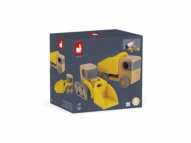 Janod bolid houten kiepwagen en graafmachine met stille rubberen wielen geschikt vanaf 2 jaar - afbeelding 3 van  4