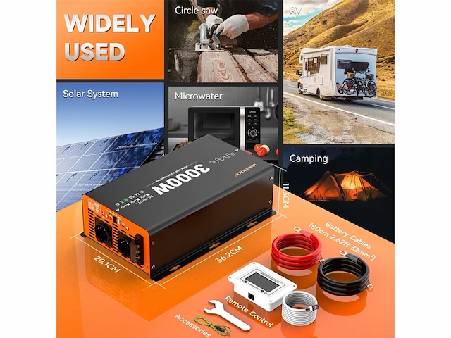 Jarxioke omvormer 3000w 12v 230v met zuivere sinusgolf zwart - afbeelding 2 van  4