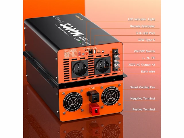 Jarxioke omvormer 3000w 12v 230v met zuivere sinusgolf zwart - afbeelding 4 van  4