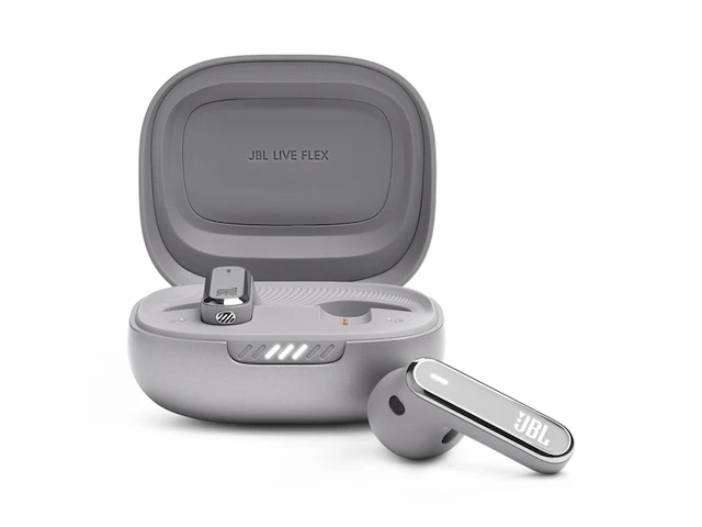 Jbl live flex in-earbluetooth-hoofdtelefoon met een batterijlevensduur van 40 uur ruisonderdrukking en waterdicht zilver - afbeelding 1 van  3