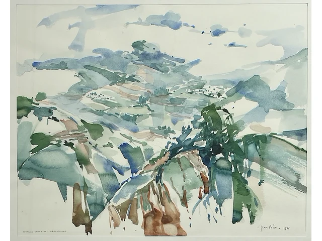 Jean pécasse, aquarel “afdaling vanaf het diengplateau” , 1988. gesigneerd rechts-onder met toevoeging jaartal. links-onder voorzien van titel. - afbeelding 2 van  5