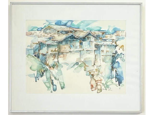 Jean pécasse, aquarel “bandung” , 1988. rechts-onder gesigneerd en voorzien van titel. - afbeelding 2 van  5