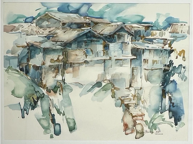 Jean pécasse, aquarel “bandung” , 1988. rechts-onder gesigneerd en voorzien van titel. - afbeelding 3 van  5