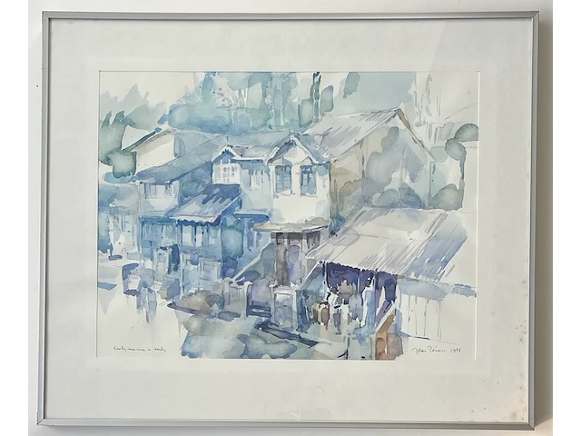 Jean pécasse, aquarel “early morning in kandy” , 1986. gesigneerd rechts-onder met toevoeging jaartal. links-onder voorzien van titel. - afbeelding 1 van  5