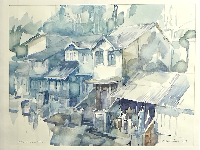 Jean pécasse, aquarel “early morning in kandy” , 1986. gesigneerd rechts-onder met toevoeging jaartal. links-onder voorzien van titel. - afbeelding 2 van  5