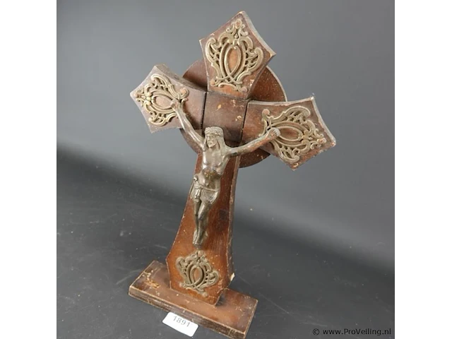 Jugendstil staande houten crucifix met bronzen corpus en versiering - afbeelding 2 van  5