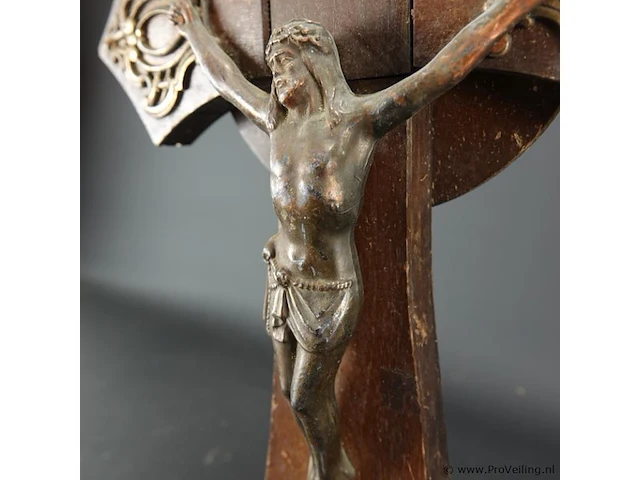 Jugendstil staande houten crucifix met bronzen corpus en versiering - afbeelding 4 van  5