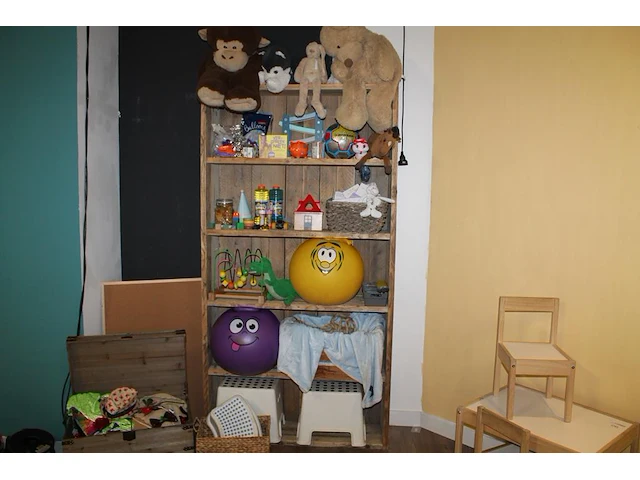 Kinderspeelgoed waaronder kist met verkleedkleren, skippybal, knuffels, bellenblaas, ballonnen, kralenplank... - afbeelding 1 van  3