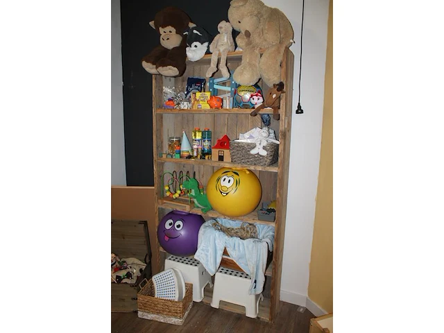 Kinderspeelgoed waaronder kist met verkleedkleren, skippybal, knuffels, bellenblaas, ballonnen, kralenplank... - afbeelding 2 van  3