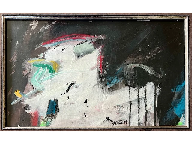 Klein olieverfschilderij "abstracte compositie", geschilderd door gerriet postma (1932 - 2009) - afbeelding 1 van  3