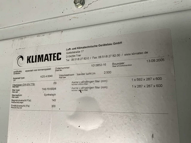 Klimatec kzg 4 0040 luchtbehandelingsinstallatie met koeling en luchtfilters - afbeelding 6 van  7