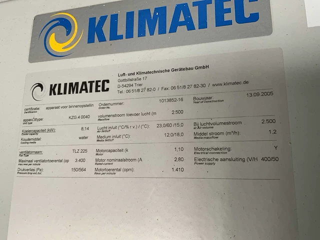 Klimatec kzg 4 0040 luchtbehandelingsinstallatie met koeling en luchtfilters - afbeelding 7 van  7