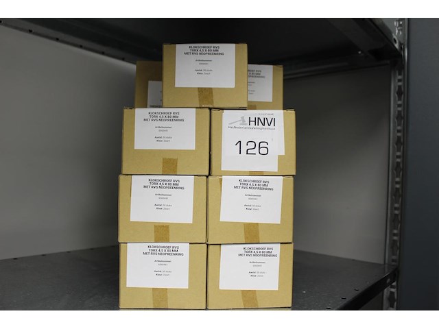 Klokschroeven rvs met neopreenring, torx 4,5 x 80mm op schap, 31 doosjes. - afbeelding 1 van  2