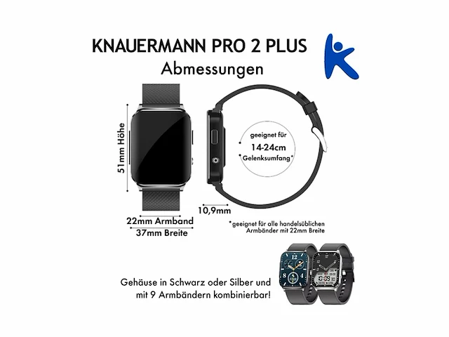 Knauermann pro 2 plus gezondheidshorloge smartwatch osram sensorenecg op borst + hrv-functie bt bluetooth slaapapneu bloeddruk - afbeelding 1 van  6