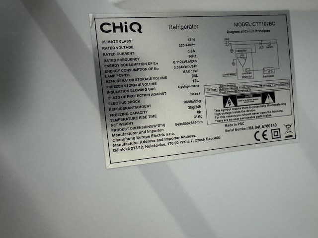 Koel-vriescombinatie 107 liter chiq, ctt107bc - afbeelding 3 van  4