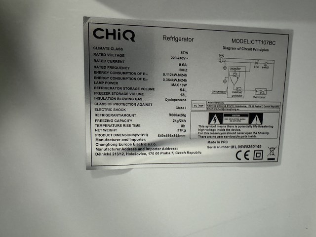 Koel-vriescombinatie 107 liter chiq, ctt107bc - afbeelding 4 van  4