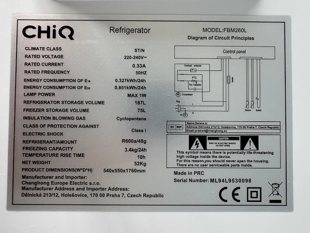 Koel-vriescombinatie 262 liter chiq, fbm260l - afbeelding 4 van  5