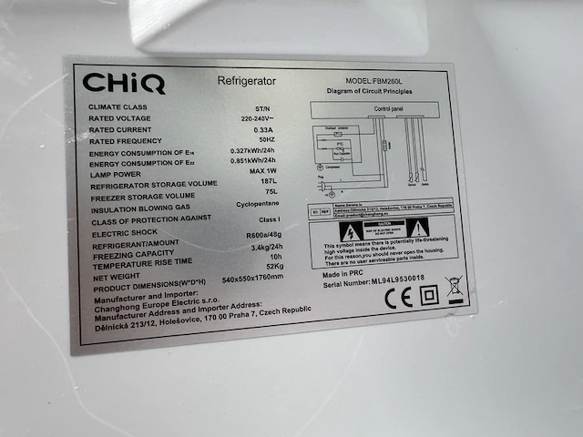 Koel-vriescombinatie 262 liter chiq, fbm260l - afbeelding 5 van  5