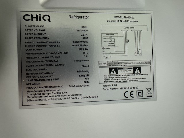 Koel-vriescombinatie 262 liter chiq, fbm260l - afbeelding 5 van  5