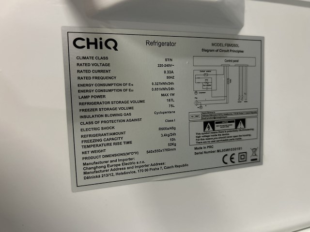 Koel-vriescombinatie 262 liter chiq, fbm260l - afbeelding 3 van  4