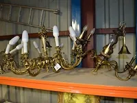 Koperen luster 10 lichtpunten, luster koper met hout 6 lichtpunten - afbeelding 1 van  7