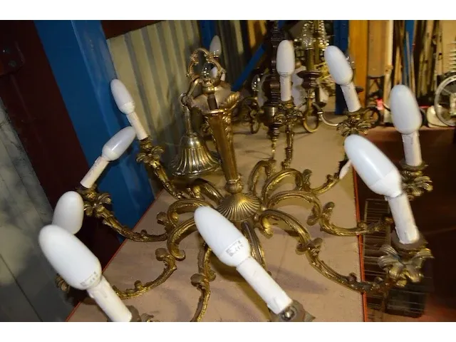 Koperen luster 10 lichtpunten, luster koper met hout 6 lichtpunten - afbeelding 5 van  7