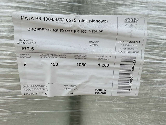 Krosglass a.s. mata pr 1004/450/105 polyester poedergebonden glasvezelmat op rol (4x) - afbeelding 3 van  3