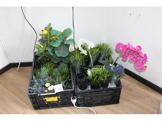 Kunstplanten en bloemen in twee kratten. - afbeelding 1 van  2